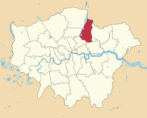 Red flat blank highlighted location map of the BOROUGH OF WALTHAM FOREST inside beige administrative local authority districts map of London, England