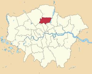 Red flat blank highlighted location map of the BOROUGH OF HARINGEY inside beige administrative local authority districts map of London, England