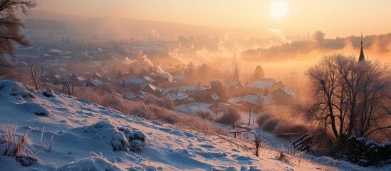 As dawn approached, the town awakened to a breathtaking sight - a cold and foggy winter sunrise, casting an ethereal glow over the snow-covered landscape.