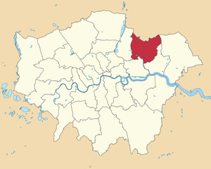 Red flat blank highlighted location map of the BOROUGH OF REDBRIDGE inside beige administrative local authority districts map of London, England