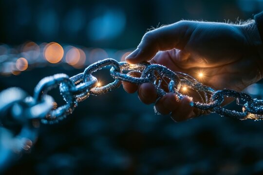 A man&rsquo;s hand holding a holographic chain icon, representing blockchain technology and the concept of bitcoin