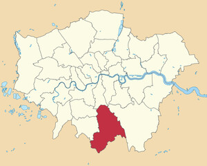 Red flat blank highlighted location map of the BOROUGH OF CROYDON inside beige administrative local authority districts map of London, England