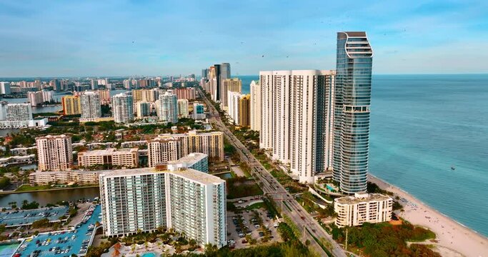 City scenery with diverse architecture. Top view of Miami Beach, Florida, USA at the backdrop of the Atlantic Ocean.