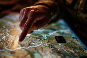 A soldier’s hand pointing at a map on an electronic screen, indicating patrol operations and enemy targets via satellite