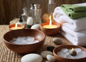Spa setting with ice, towels, candles, and stones.
