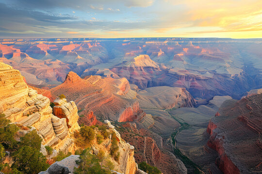 Grand canyon at sunrise, a dramatic image showcasing the Grand Canyon bathed in the soft hues of sunrise, creating a majestic and awe-inspiring scene for national park promotions, travel photography.