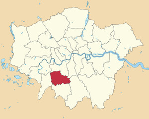 Fototapeta na wymiar Red flat blank highlighted location map of the BOROUGH OF MERTON inside beige administrative local authority districts map of London, England