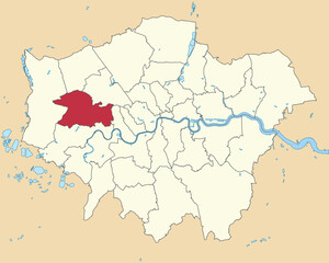 Red flat blank highlighted location map of the BOROUGH OF EALING inside beige administrative local authority districts map of London, England