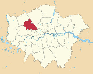 Red flat blank highlighted location map of the BOROUGH OF BRENT inside beige administrative local authority districts map of London, England