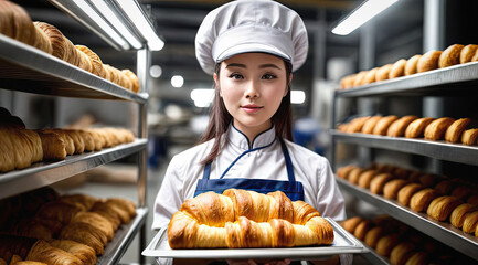Beatiful asian woman assistant at friendly bakery shop small business posing to camera smiling cheerful. Generative AI