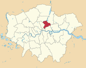 Red flat blank highlighted location map of the BOROUGH OF HACKNEY inside beige administrative local authority districts map of London, England