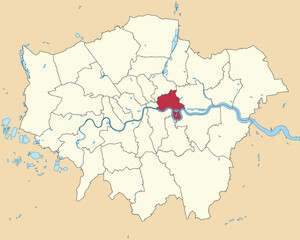 Red flat blank highlighted location map of the BOROUGH OF TOWER HAMLETS inside beige administrative local authority districts map of London, England