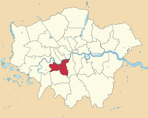 Red flat blank highlighted location map of the BOROUGH OF WANDSWORTH inside beige administrative local authority districts map of London, England