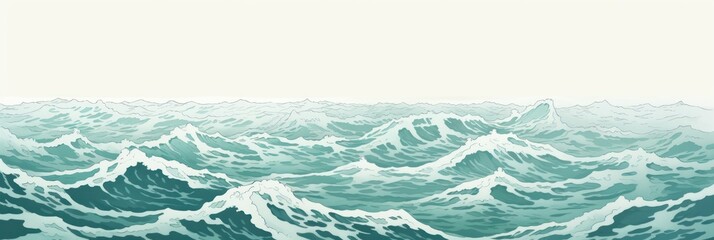 Fototapeta na wymiar Minimal pen illustration sketch mint & white drawing of an ocean