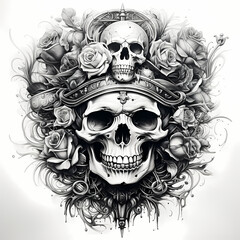 Pirate Man skull, tribal tattoo. Hand drawn black ink illustration isolated on white background. Floral pattern of plants with flowers in retro vintage style design