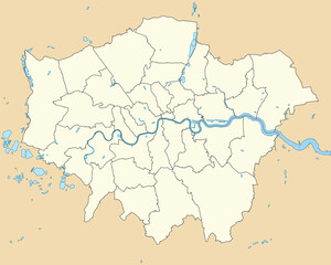 Beige flat vector administrative map of LONDON, ENGLAND with black border lines and waterways of its local authority districts
