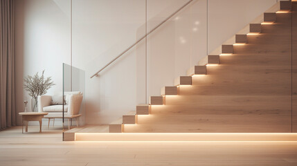 A minimalist wooden staircase in a light color palette with clear glass balustrades, gently illuminated by LED lights under the handrails, in an upscale residence.