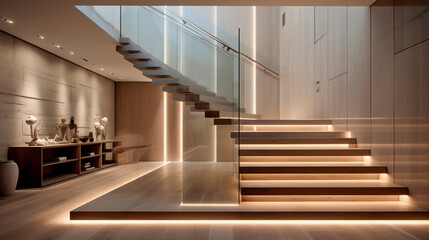 A minimalist wooden staircase in a pale color scheme with clear glass balustrades, softly illuminated by LED lights under the handrails, in a luxurious home.