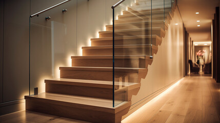 A minimalist wooden staircase with glass balustrades, LED lighting under the handrails softly lighting the path in an elegant house. - obrazy, fototapety, plakaty