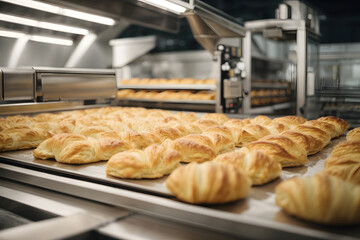 Modern smart bakery using an automatic dough robot to make puff pastry for French croissants on a conveyor line