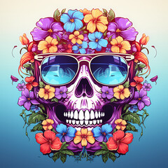Decorative skull with sunglasses in tattoo illustration. Hand drawn colorful ink watercolor isolated on white background. Floral pattern of plants with flowers in retro vintage style design for