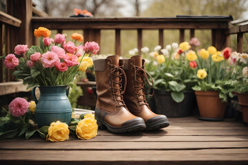 Rubber boots, gardening tools and spring flowers on the wooden terrace in the spring garden
