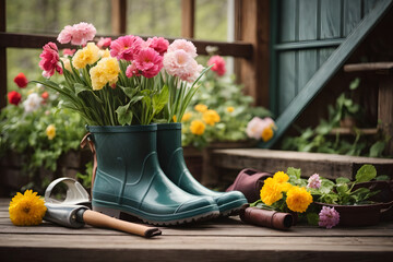 Rubber boots, gardening tools and spring flowers on the wooden terrace in the spring garden - obrazy, fototapety, plakaty