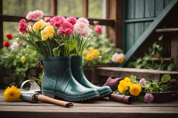 Poster Rubber boots, gardening tools and spring flowers on the wooden terrace in the spring garden © Gonzalo