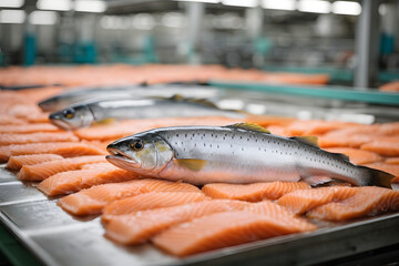 The detail of a fish salmon factory, processing line. Fish and food industry abstract. Salmon fillet on an industrial conveyor - obrazy, fototapety, plakaty