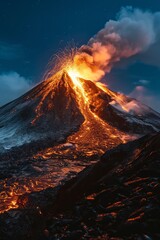 Obraz premium A volcano erupting at night