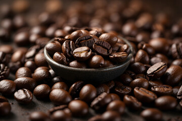 Roasted coffee beans background. Top view. Coffee background