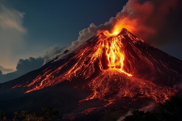 A volcano erupting at night