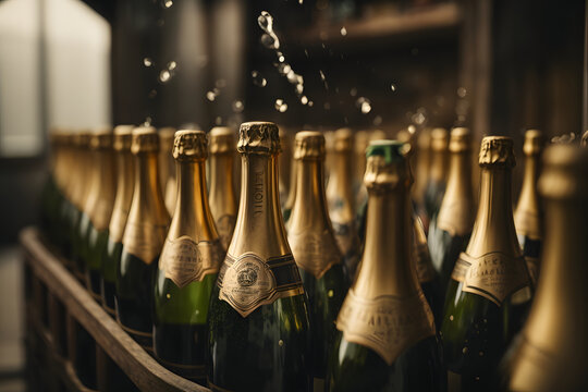 Champagne bottles turning during fermentation, close up