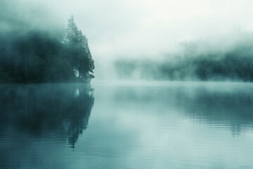 Obraz na płótnie Canvas Mysterious fog-covered lake, an atmospheric image capturing a serene lake shrouded in mysterious fog, creating an ethereal and contemplative scene for nature photography, tranquil retreats.