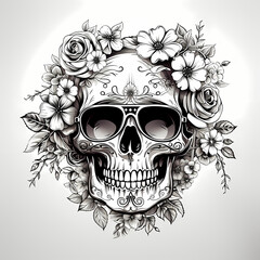 Decorative skull with sunglasses in tattoo illustration. Hand drawn black ink watercolor isolated on white background. Floral pattern of plants with flowers in retro vintage style design for T-shirt.