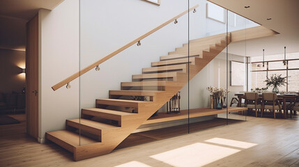 A modern light oak staircase with glass railings, perfectly capturing the essence of a bright, open-plan architecture.