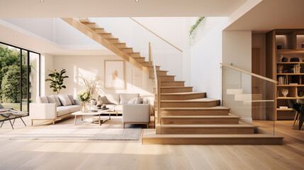 A modern, light oak staircase with glass sides, perfectly blending into a bright, open living space.