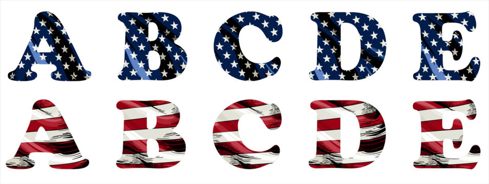 Vector font on background 
of national flag of usa.
A set of letters of english alphabet ABCDE with
american pattern of stars and stripes for
clothing, fabric, textile, paper, inscription on t-shirt. 