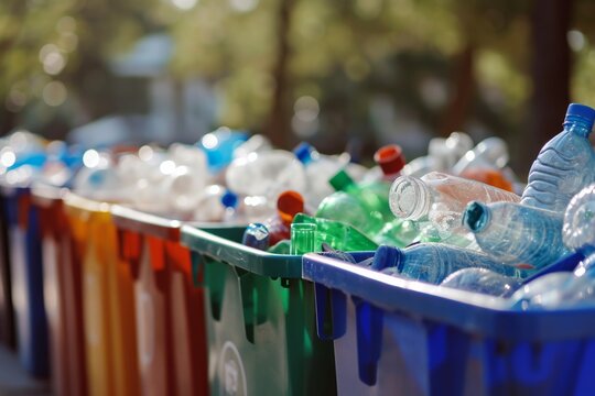 Sorting plastic bottles into recycling bins to protect the environment