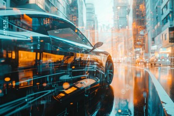 Double exposure of an electric car in a futuristic city