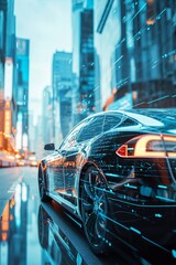 Double exposure of an electric car in a futuristic city - obrazy, fototapety, plakaty