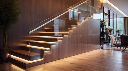 A modern wooden staircase with glass railings, discreet LED strip lighting under the handrails adding a chic touch in a contemporary setting.