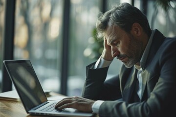 A businessman dealing with stress and frustration over his laptop