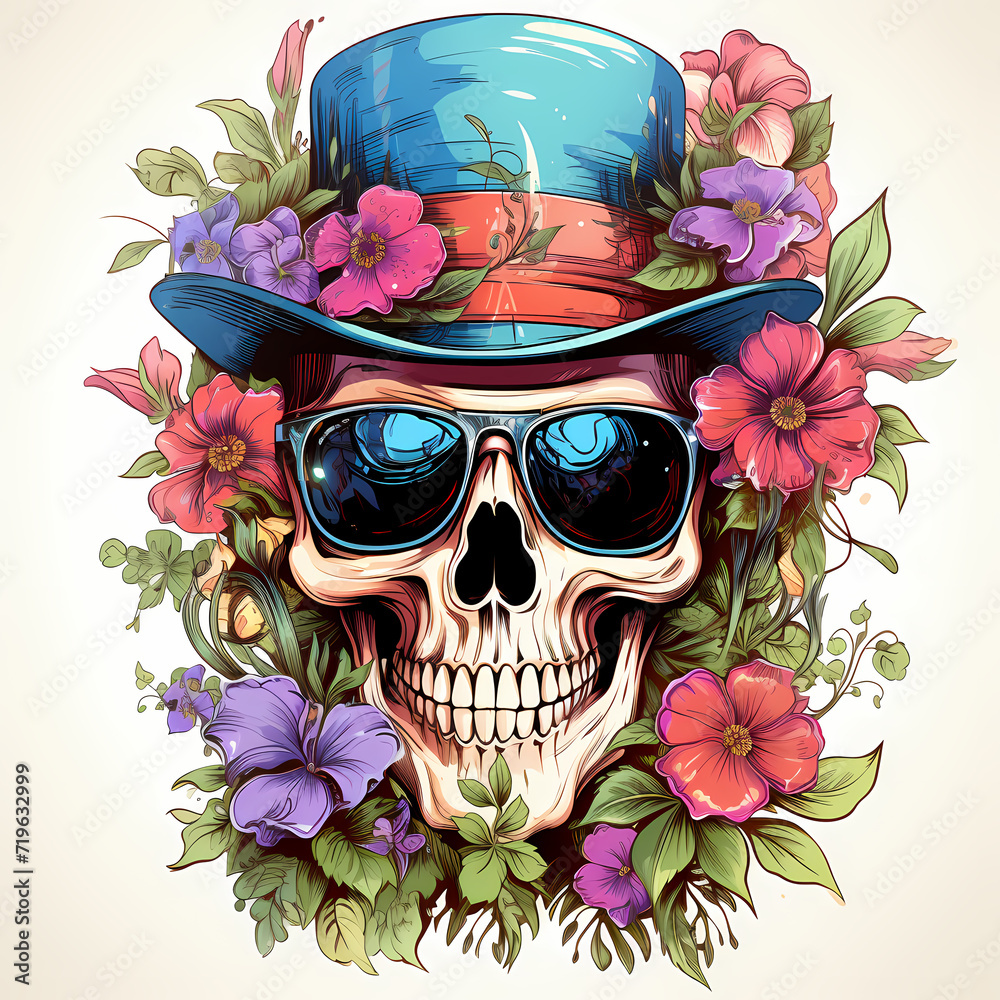 Wall mural Decorative skull in cylinder hat tribal tattoo. Hand drawn colorful and black illustration isolated on colored background. Floral pattern of plants