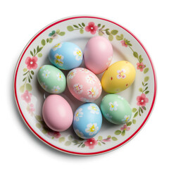 Fototapeta na wymiar Colored Easter eggs on a vintage plate with an ornament on a white background. Spring and Easter background for social networks and websites.