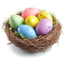 Naklejka na ściany i meble Spring came. Nest with Easter painted eggs isolated on a white background. Side view.