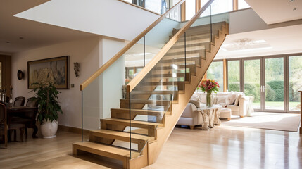 A panoramic shot of a contemporary light oak staircase with glass balustrades, in a bright, luxurious setting.