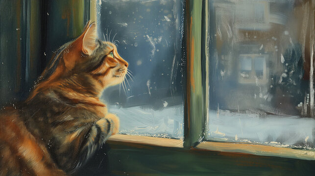 Illustration painting of a cat by a windowsill looking out of the window and waiting for its owner to come home. Separation anxiety and boredom in indoor cats. AI generated