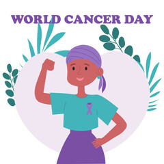 World Cancer Day. Cute Afro woman in a headscarf. Vector illustration in a flat style.