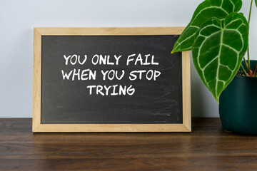 Blackboard with inspirational quotes you only fail when you stop trying